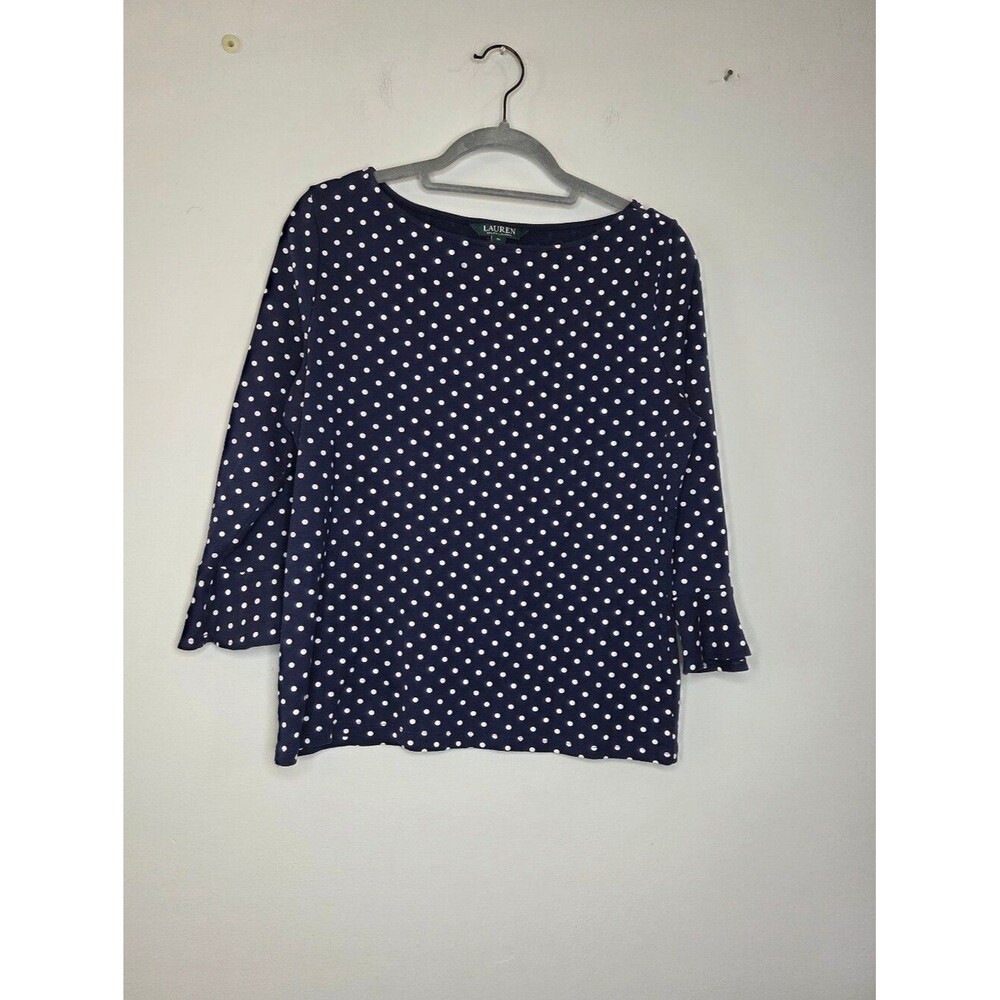 Lauren Ralph Lauren Navy Blue Polka Dot Cotton Long Sleeve Ruffle Shirt,‎ Sz XL